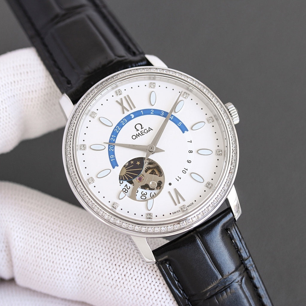 Omega watch with silver case, white dial, black leather strap, blue ring seconds marker