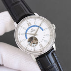 Omega watch with silver case, white dial, black leather strap, blue ring seconds marker