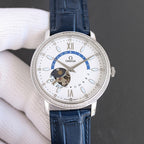 Omega watch with silver case, white dial, blue leather strap, Roman numeral markers