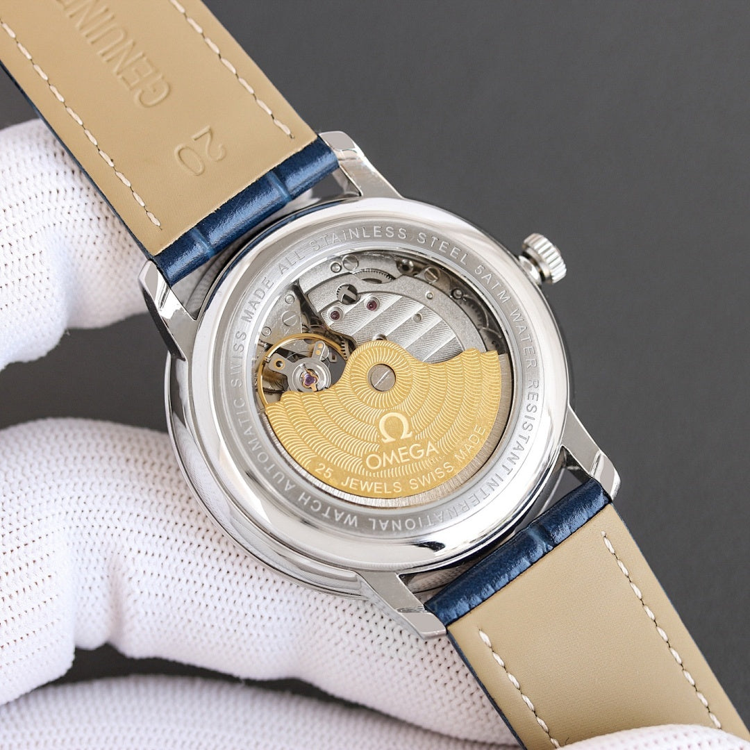 Omega watch caseback with visible movement, gold dial center, blue leather strap