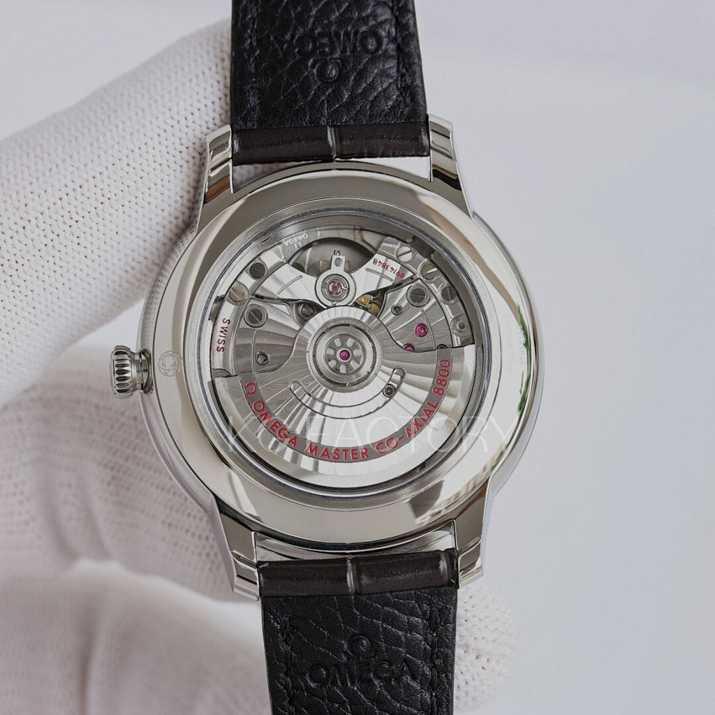 Omega watch case back showing mechanical movement and black leather strap