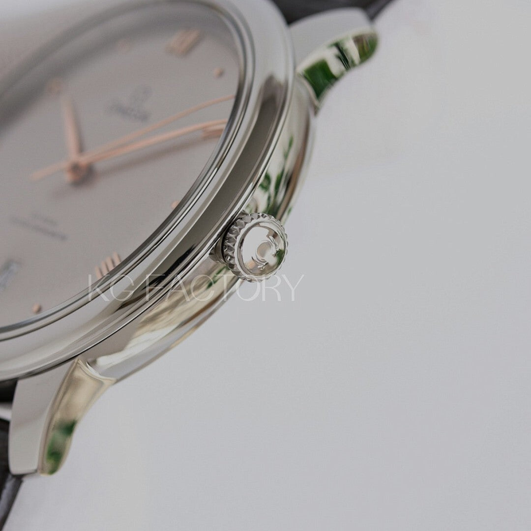Omega watch side detail with crown and black leather strap