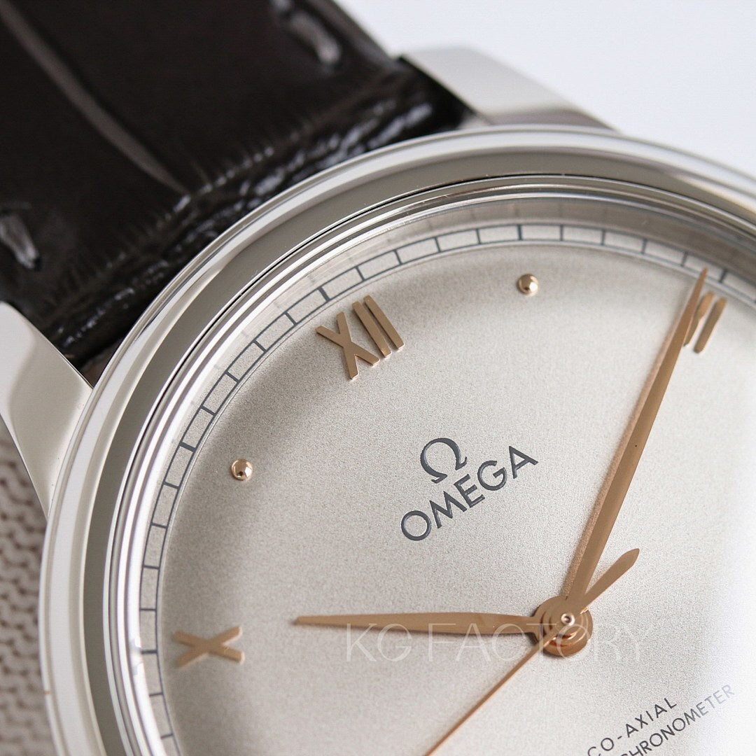 Omega watch close-up with champagne dial, gold Roman numerals, black leather strap