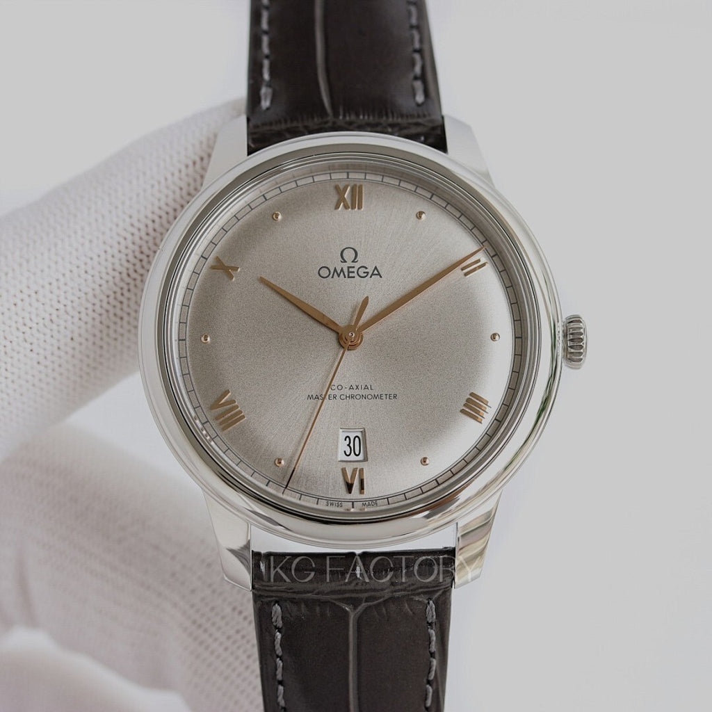 Omega dress watch with champagne dial, black leather strap, and stainless steel case