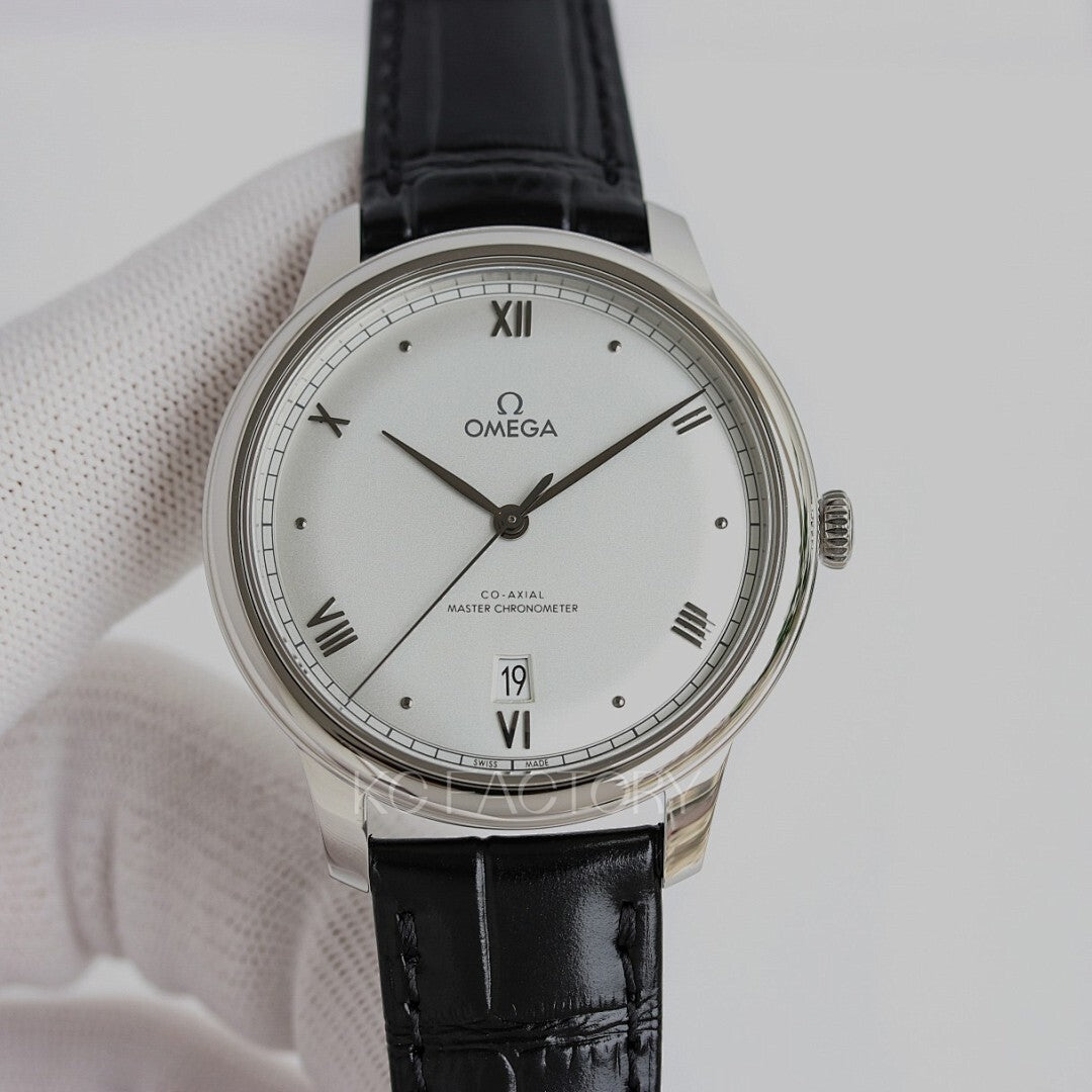 Omega dress watch with white dial, black leather strap, and stainless steel case