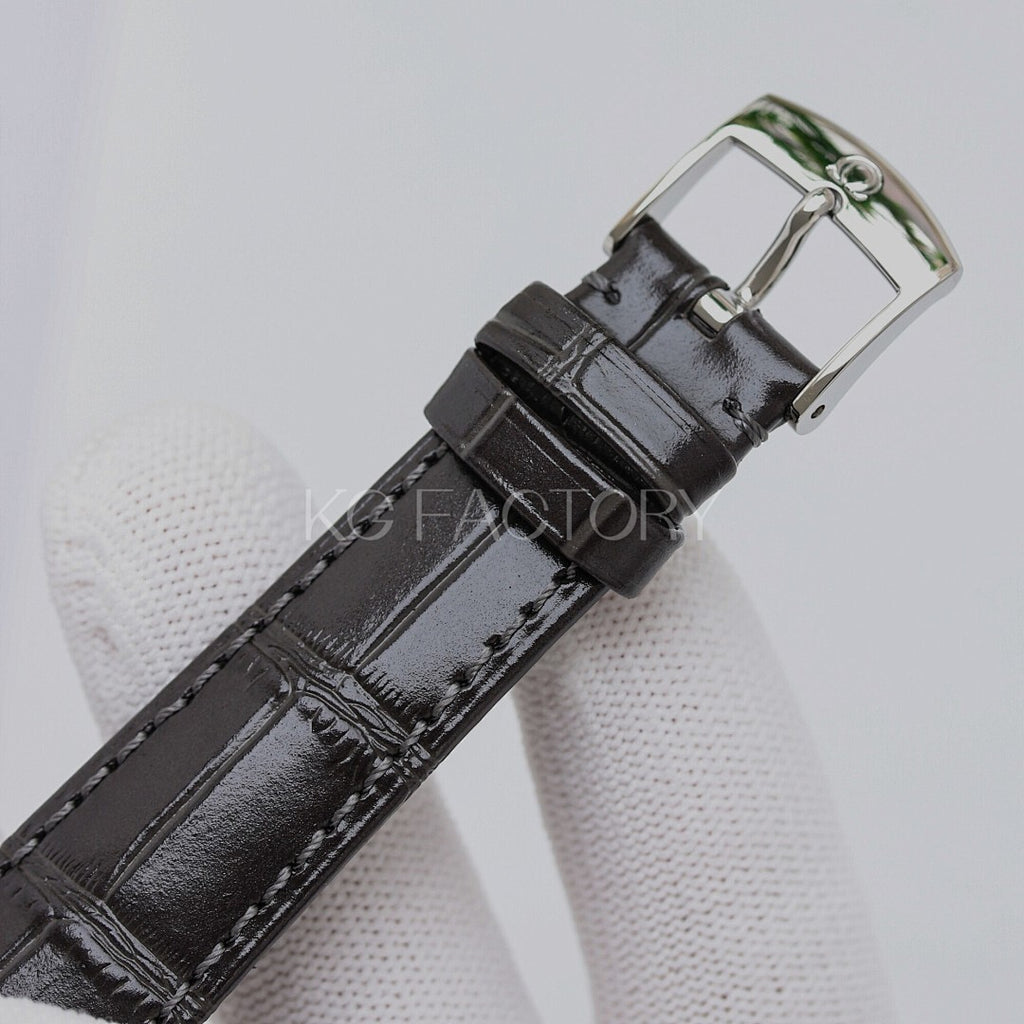 Omega watch with black leather strap and silver metal buckle clasp