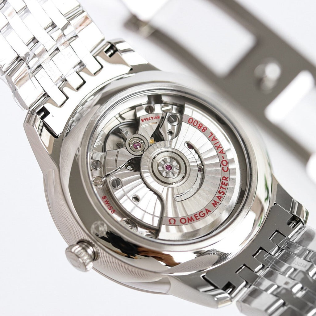 Stainless steel automatic watch caseback with visible mechanical movement
