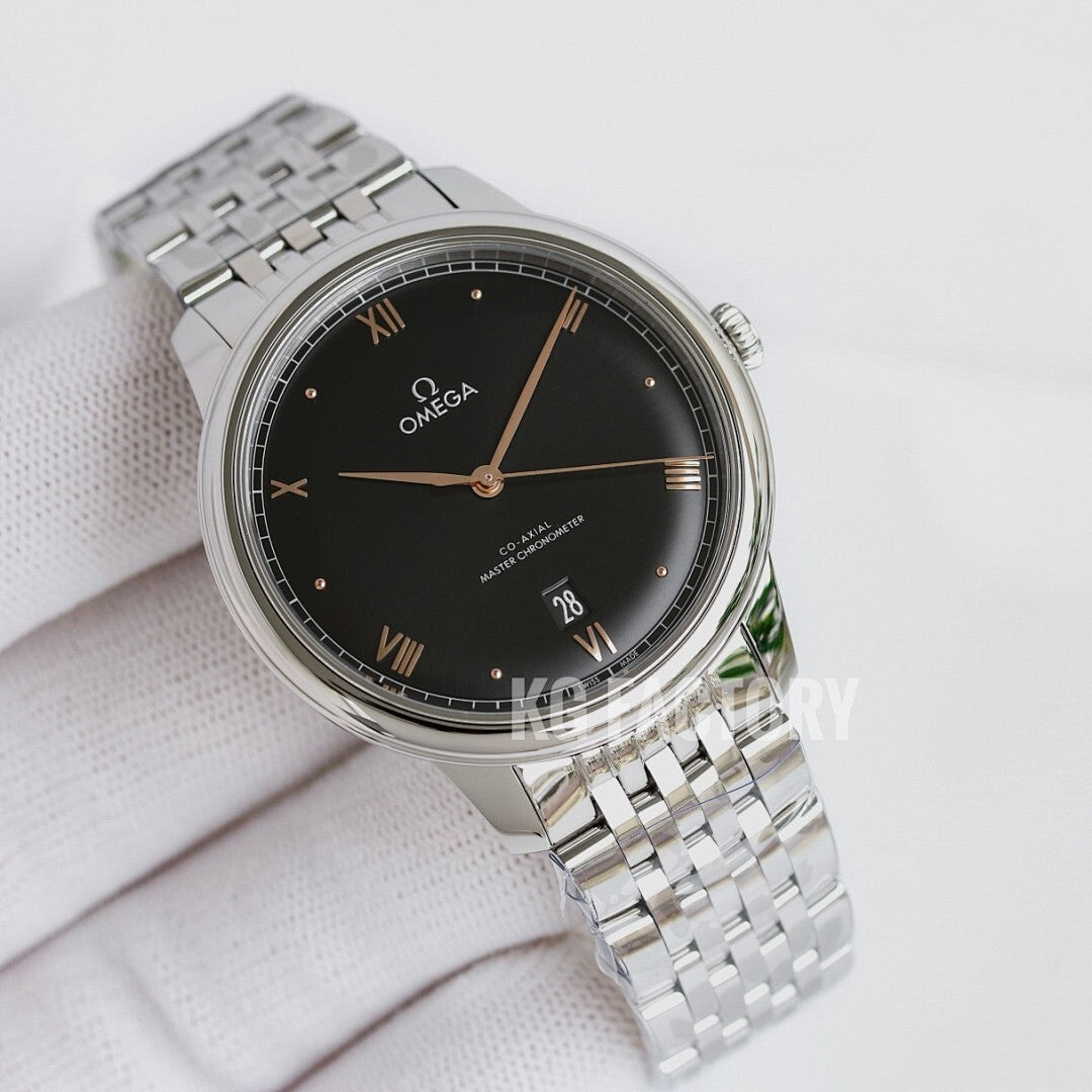 Omega stainless steel wristwatch with black dial and metal bracelet, date at 28