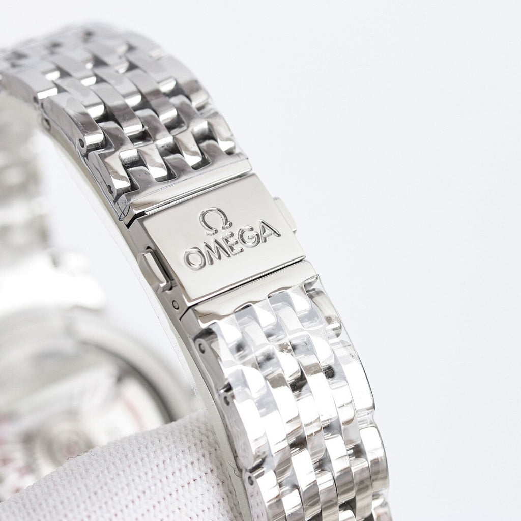 Stainless steel wristwatch bracelet with clasp and Omega logo on the buckle plate