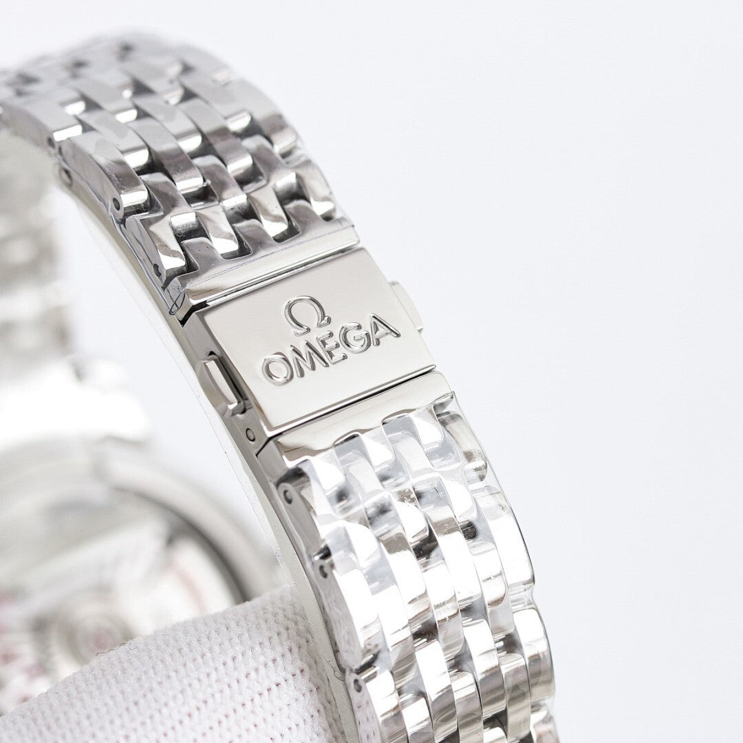 Stainless steel wristwatch bracelet with clasp and Omega logo on the buckle plate