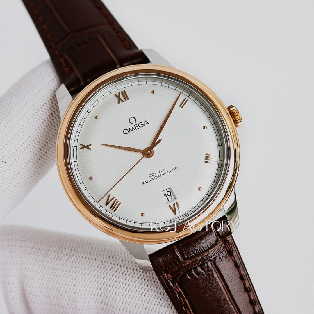 Analog wristwatch, light dial, gold-tone case, brown leather strap, day-date window