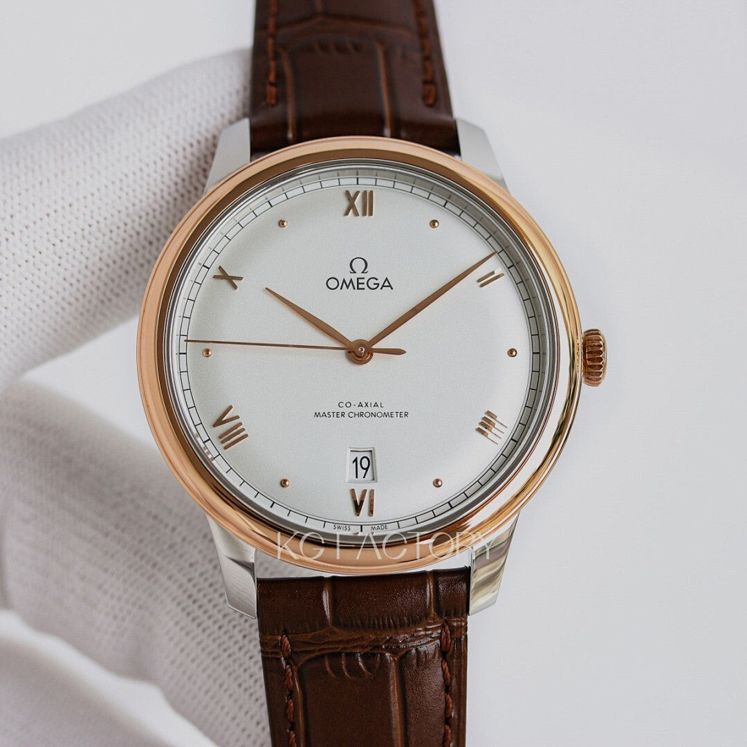 Analog wristwatch with white dial, gold-tone case, brown leather strap, day-date window