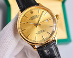 Omega wristwatch with black leather strap and gold dial, gold-tone bezel and baton hour markers