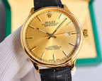 Omega wristwatch with gold dial, black leather strap, gold-tone bezel and baton markers