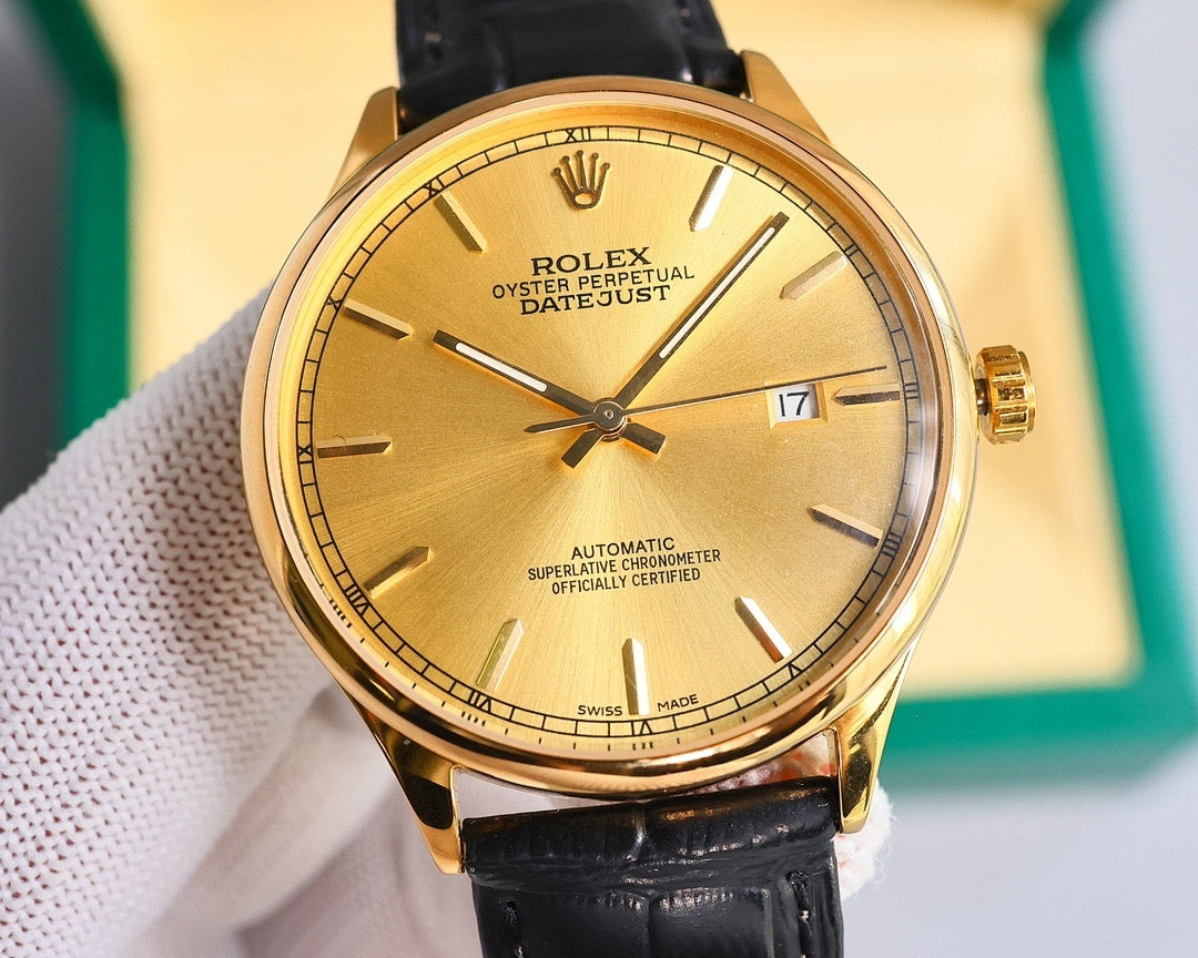 Omega wristwatch with gold dial, black leather strap, gold-tone bezel and baton markers