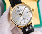 Omega wristwatch front view with black leather strap, silver dial, gold-tone bezel and date window