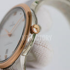 Omega wristwatch crown and gold-toned case edge with part of white dial