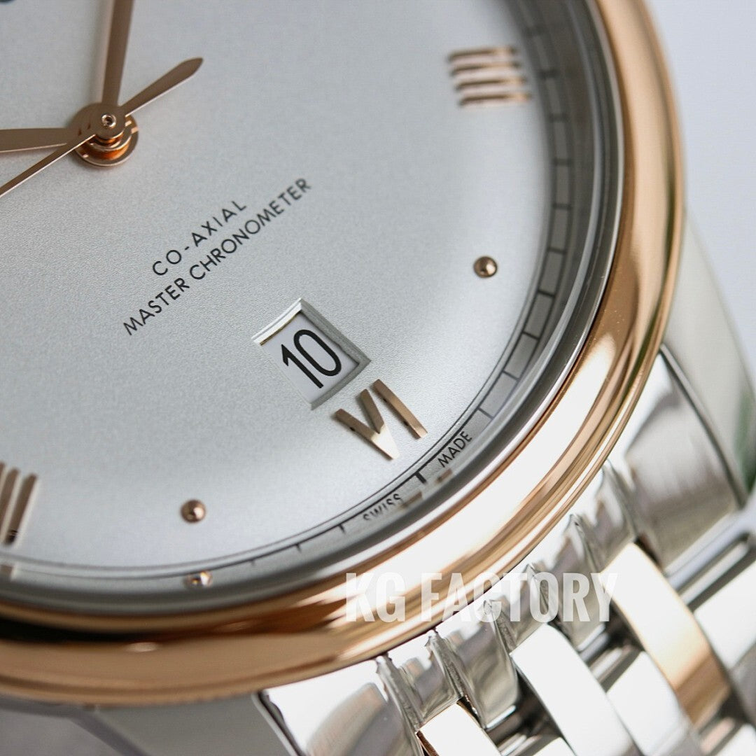 Omega wristwatch close-up of dial numerals and gold-rim bezel on bracelet
