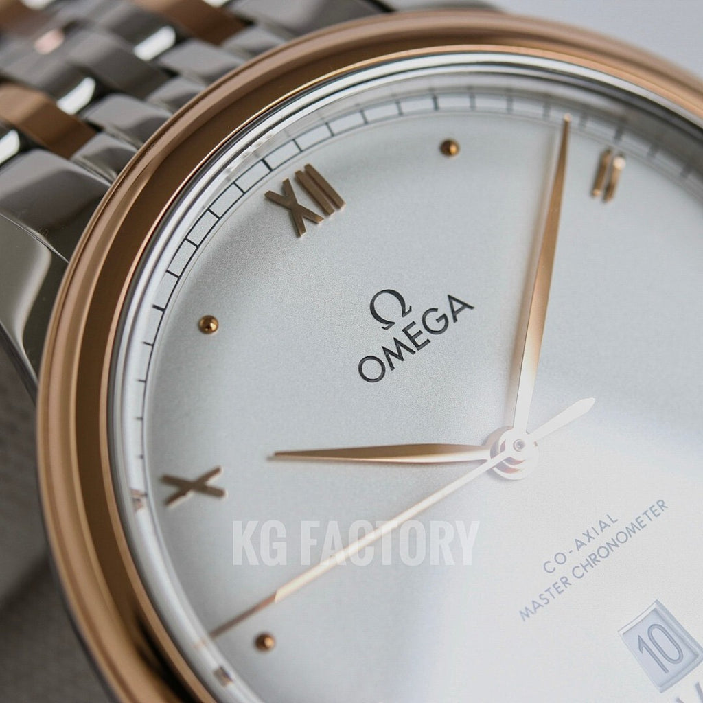 Omega wristwatch close-up of white dial with Roman numerals and gold hour markers
