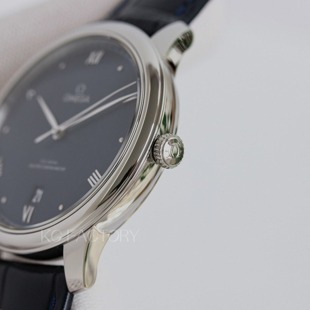 Omega wristwatch side profile with crown and black leather strap.