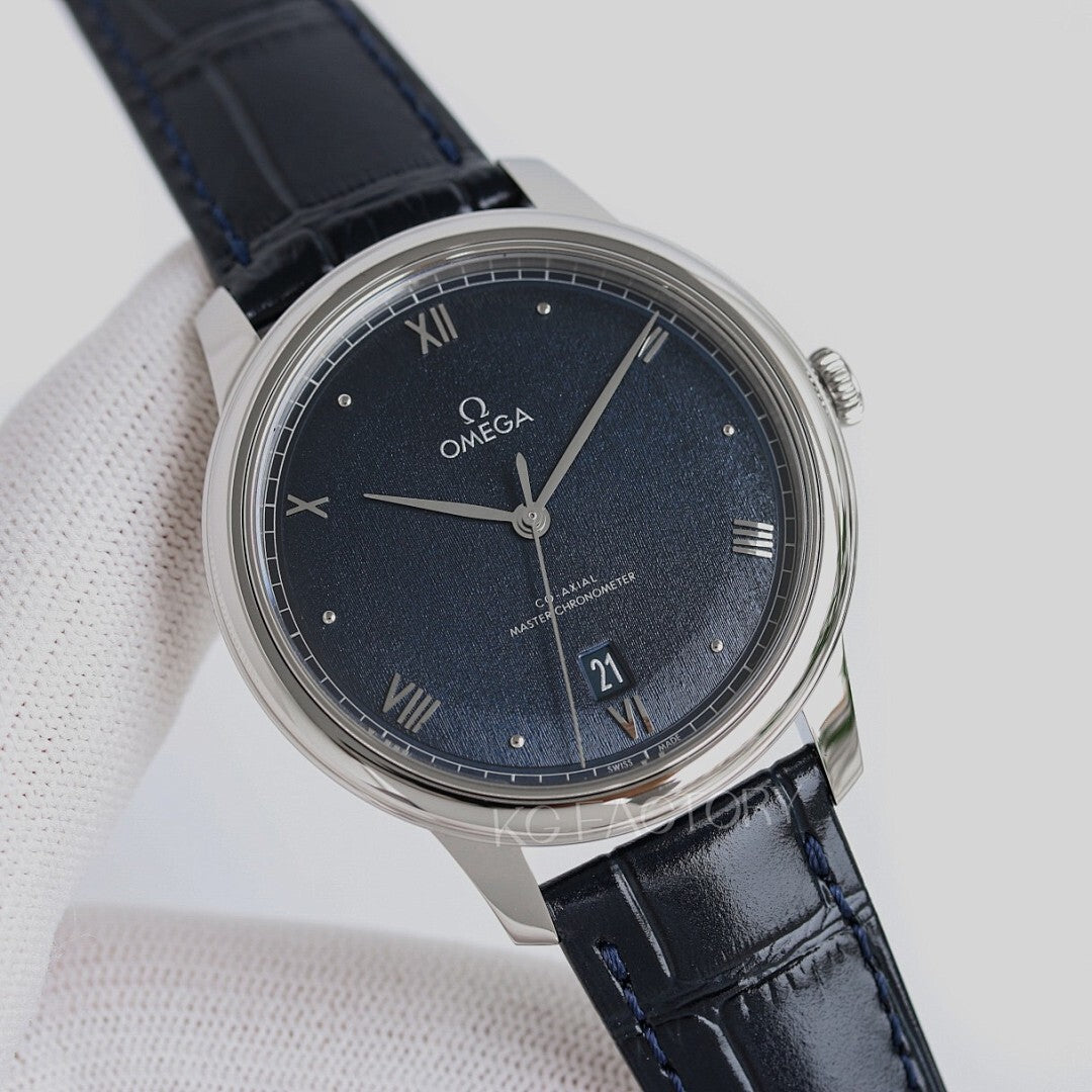 Omega wristwatch: dark blue dial, silver case, black leather strap.