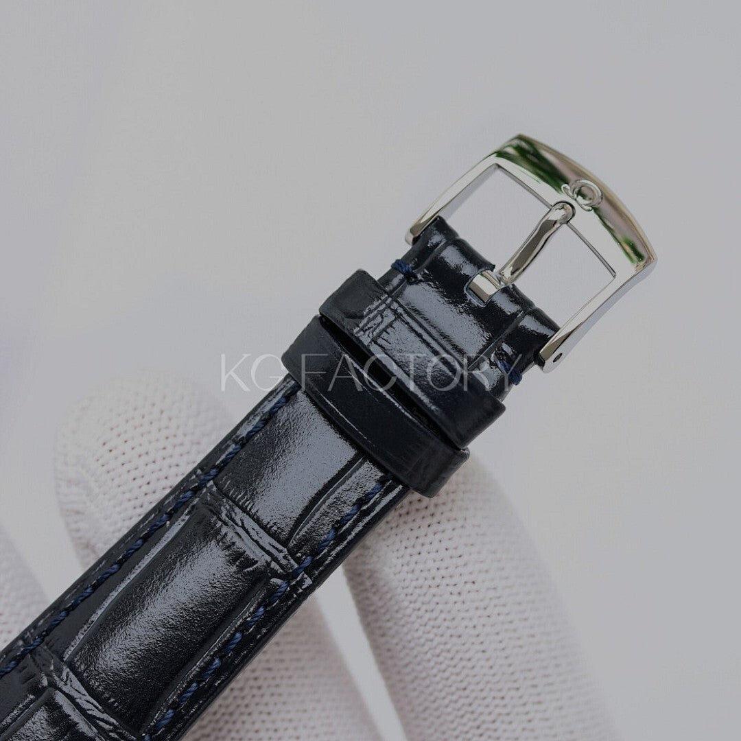 Omega watch strap: black leather with silver buckle on the wristwatch case.
