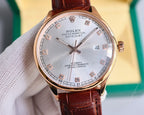 Round Omega wristwatch with rose-gold case, silver dial, brown leather strap.