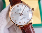Omega round wristwatch with rose-gold case, silver dial, brown leather strap.