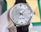 Omega round wristwatch with silver dial and date window, black leather strap and bezel.