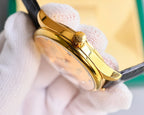 Gold-tone wristwatch side profile with black leather strap and round bezel