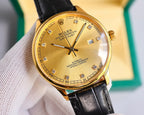 Gold-tone wristwatch with black leather strap, gold dial, Roman numerals and date window