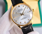 Gold-tone wristwatch with black leather strap, white dial and Roman numerals, close-up angle