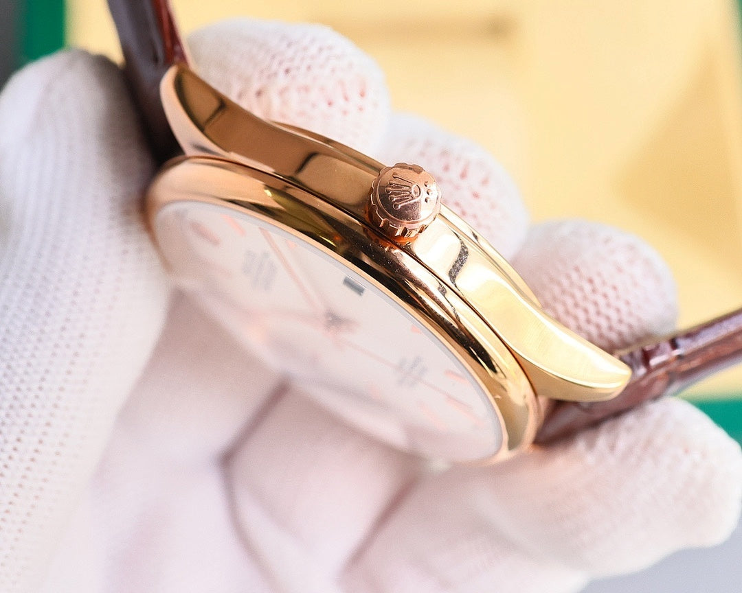 Omega watch with gold-tone case, white dial, brown leather strap, angled side view