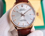 Omega watch with rose-gold case, white dial, brown leather strap, front view