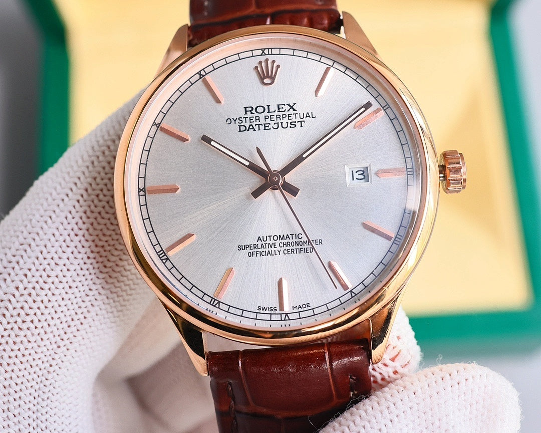 Omega watch with rose-gold case, white dial, brown leather strap, front view