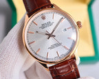 Omega watch with rose-gold case and brown leather strap, front view with crown side