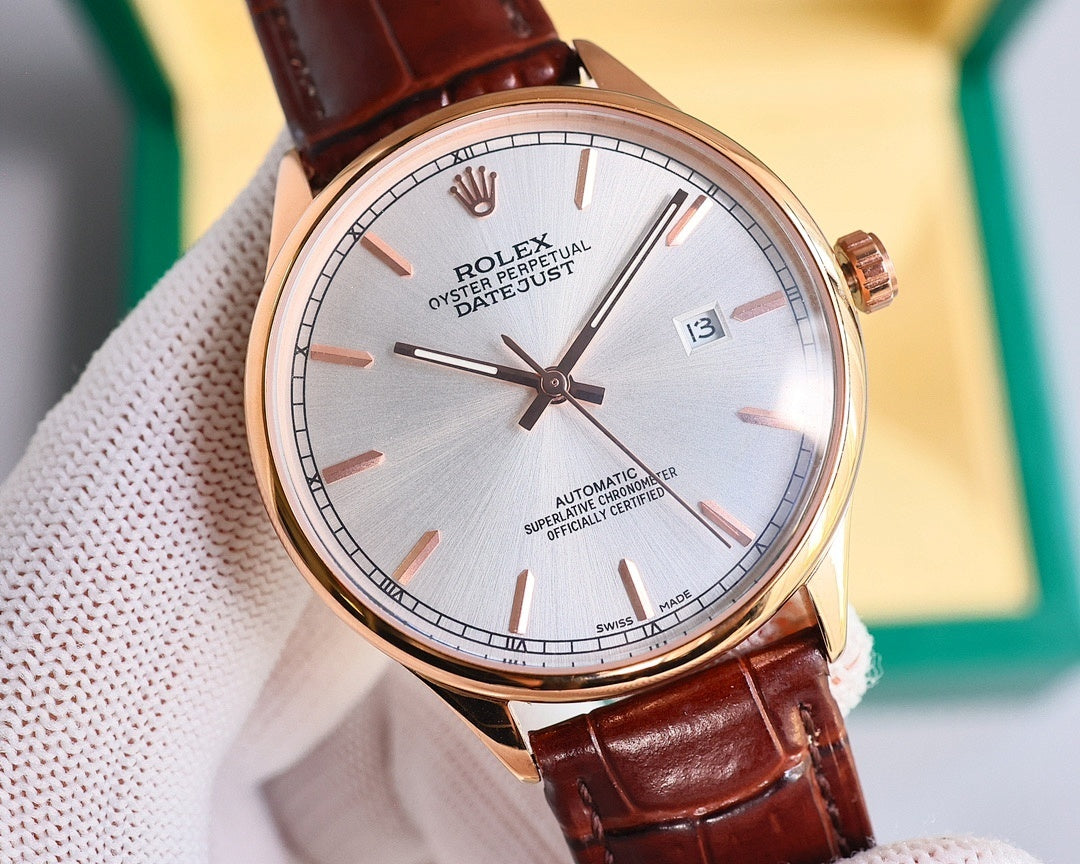 Omega watch with rose-gold case and brown leather strap, front view with crown side