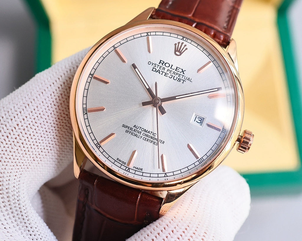 Omega watch with rose-gold case, white dial, brown leather strap, analog hands