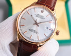 Omega watch with rose-gold case, white dial, brown leather strap, analog hands
