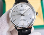 Omega watch with silver-tone case, white dial, black leather strap, front view