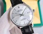 Omega watch with silver-tone case, white dial, black leather strap, angled front view