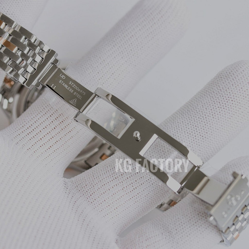 Omega stainless steel bracelet clasp and links on the wristwatch band