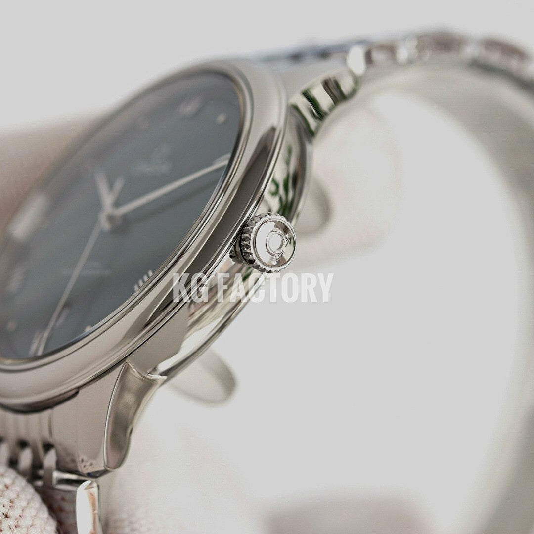 Omega wristwatch case and crown with dark dial and stainless steel bracelet