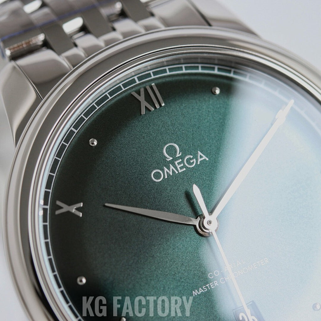 Omega wristwatch close-up of dark green dial with hands and Roman numerals