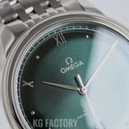 Omega wristwatch close-up of dark green dial with hands and Roman numerals