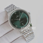 Omega wristwatch with dark green dial and stainless steel link bracelet