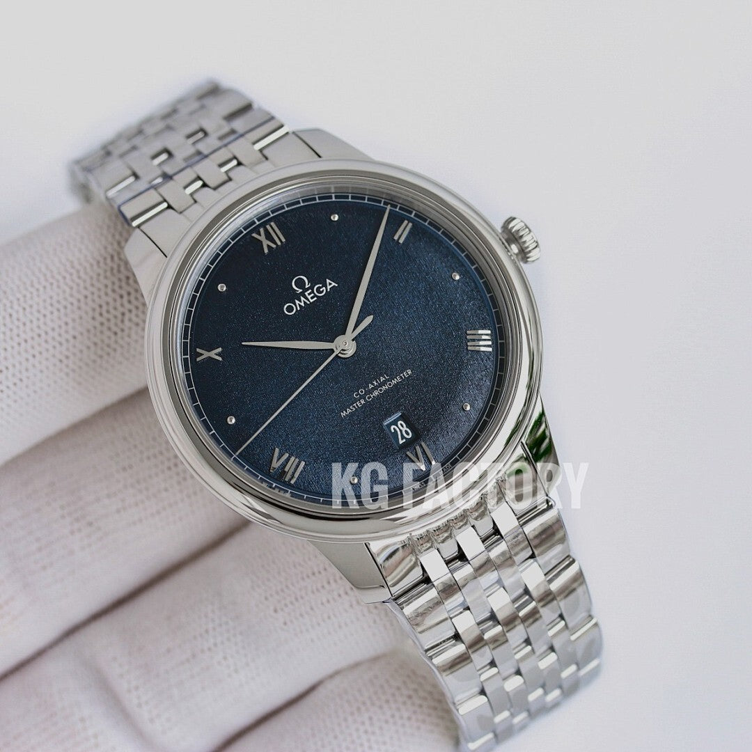 Omega wristwatch with dark blue dial, Roman numerals, and stainless steel bracelet
