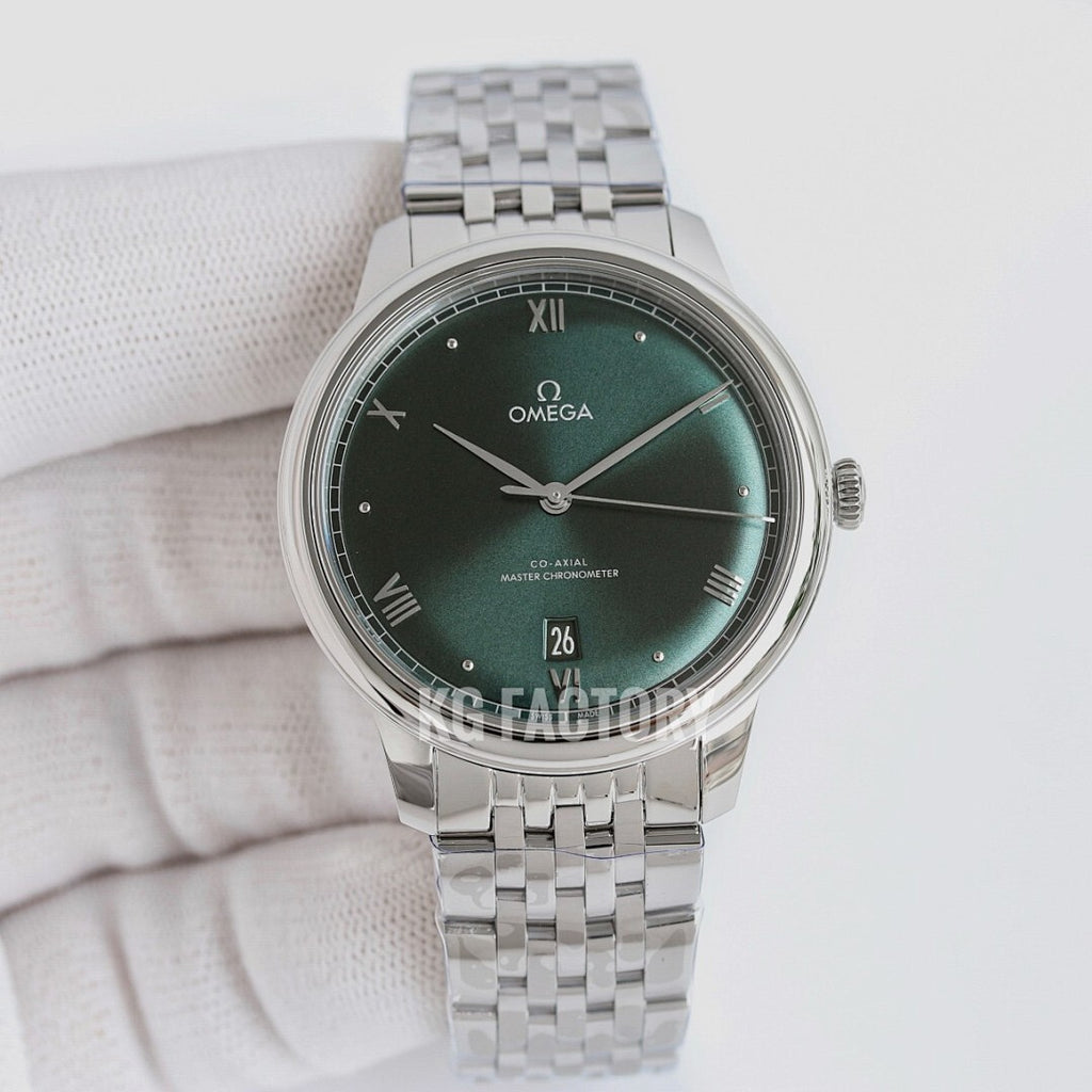 Omega wristwatch with dark green dial, Roman numerals, and stainless steel bracelet