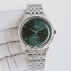 Omega wristwatch with dark green dial, Roman numerals, and stainless steel bracelet