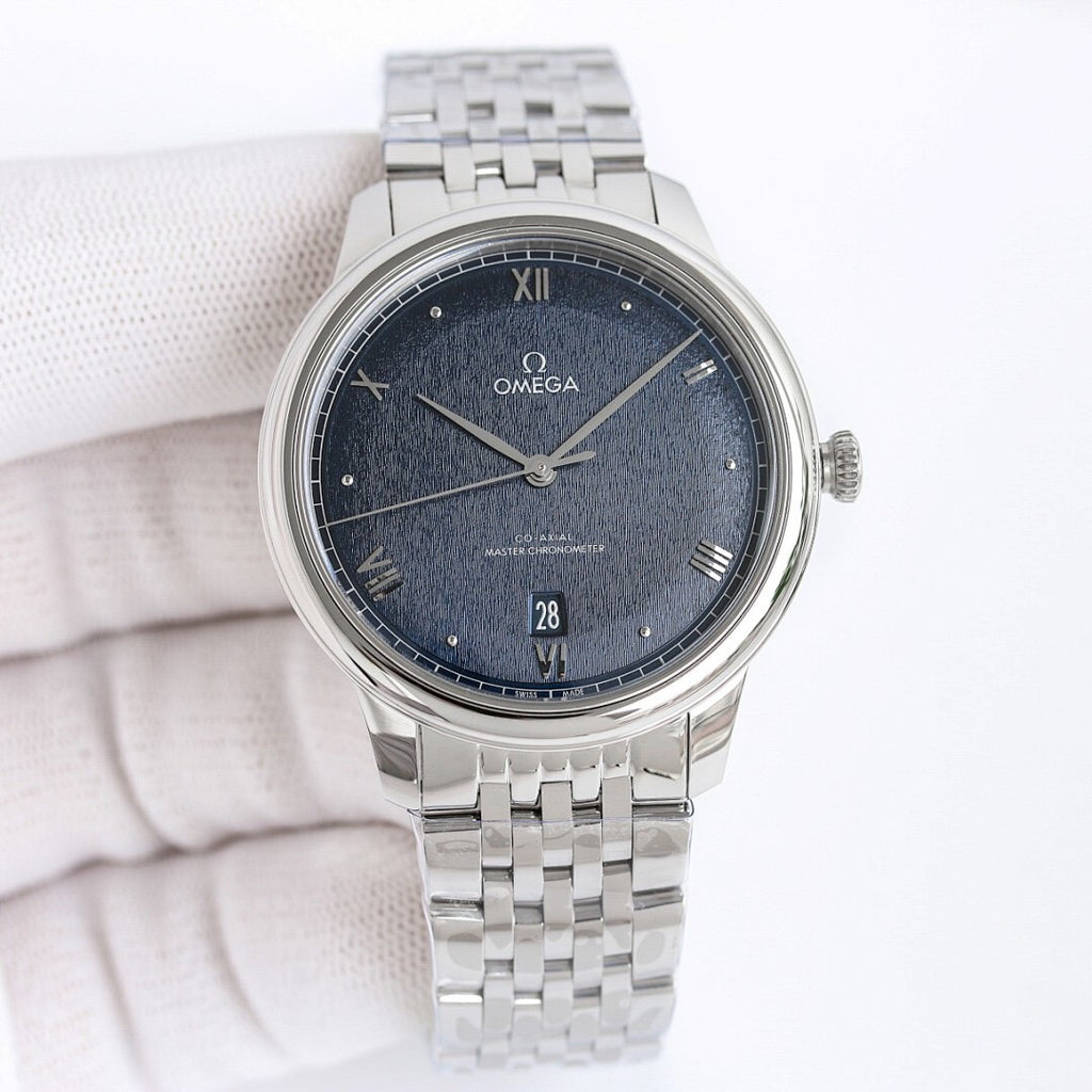 Omega wristwatch with dark blue dial, Roman numerals, and stainless steel bracelet